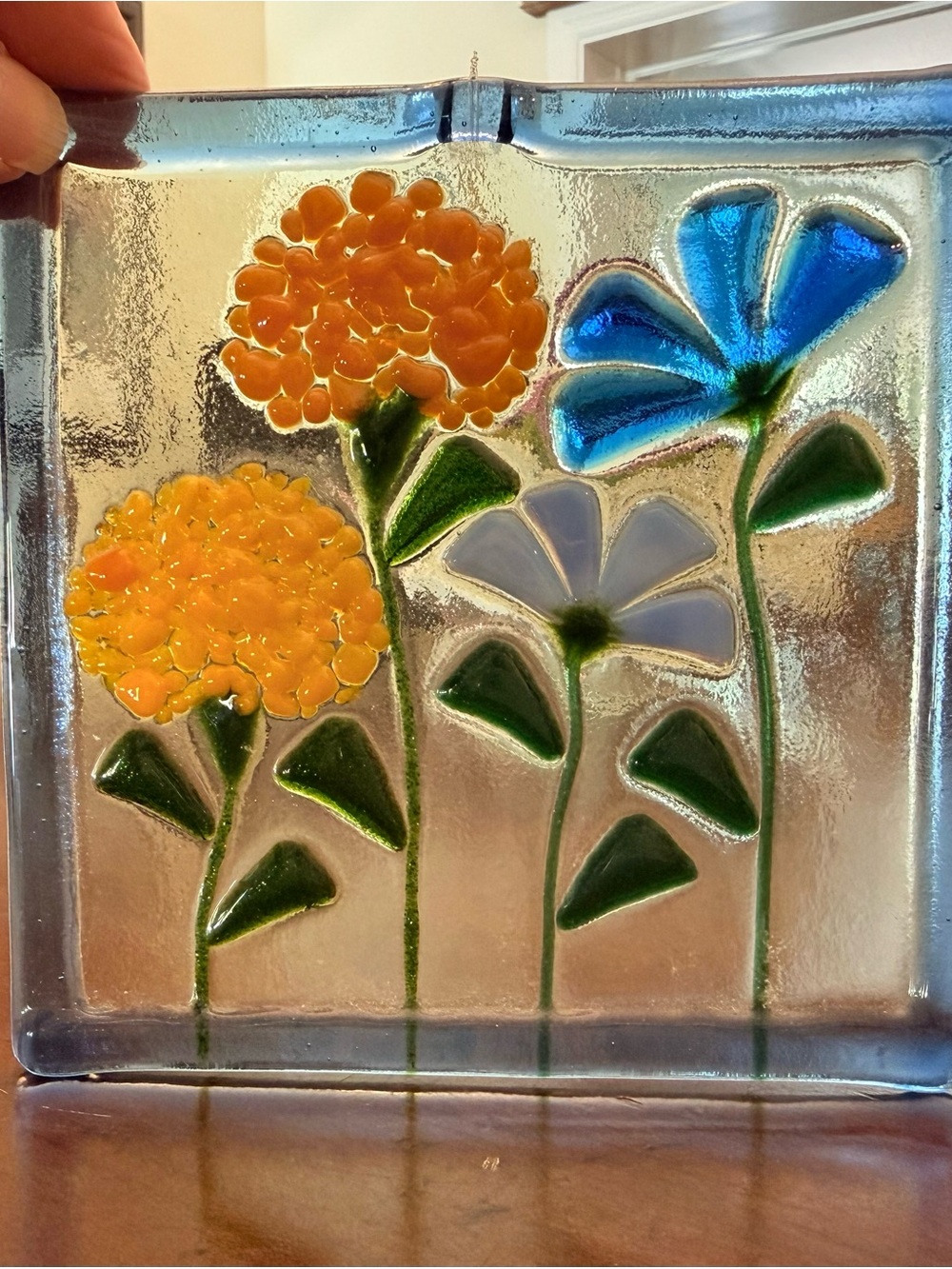 Handmade Glass Floral Art Panel - Orange, Blue, Green